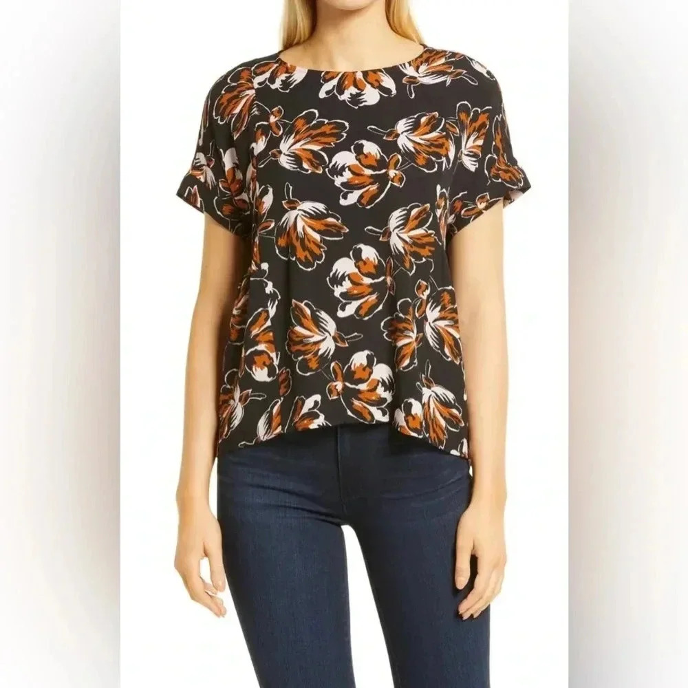 Madewell Duskblossom Shirred‎ Short Sleeve Floral Top Black Burnt Orange  size S